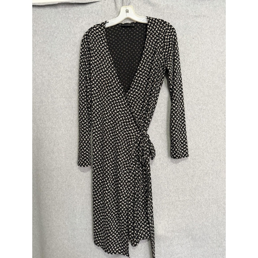 The Limited Dress Womens S Black Geometric Wrap V Neck Belted Jersey Long Sleeve